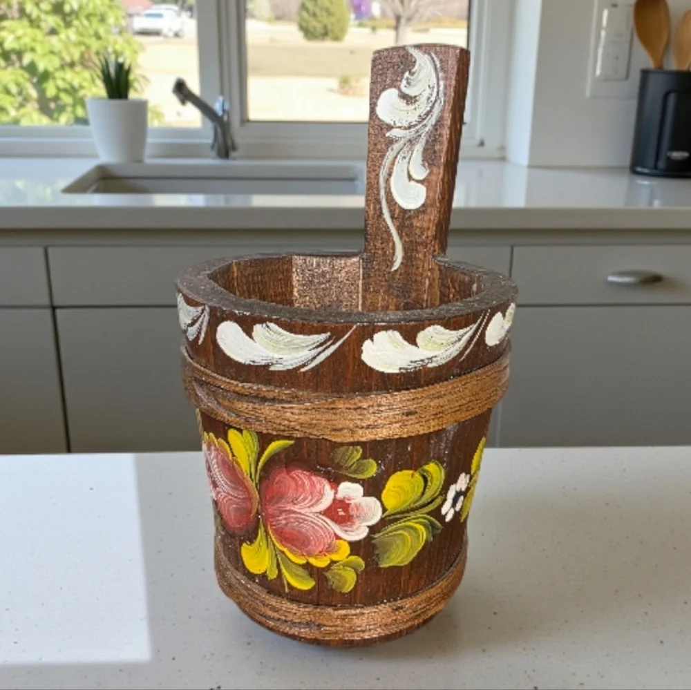 Vintage Handcrafted Small Wooden Pot with Floral Design Scandinavian Antique